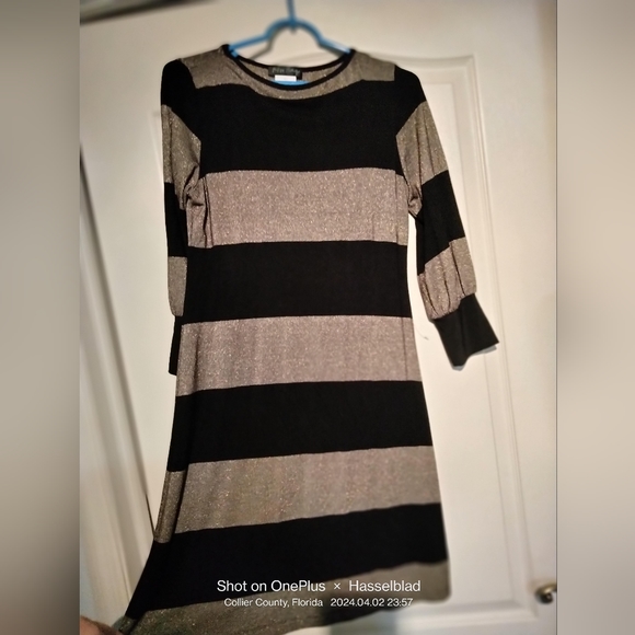 NWT Women's Blue Sage Shimmer gold/Black Stripe Stretchy Thin Mat'l - Picture 5 of 9